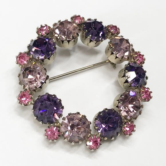 VTG Rhodium Plated Pastel Pink Purple Amethyst Brooch Rhinestones Silver Tone - Picture 10 of 12